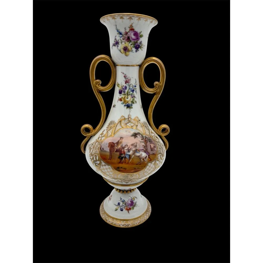 Antique Meissen Porcelain Amphora Double Handle Painted Horses Battle Vase 12”H